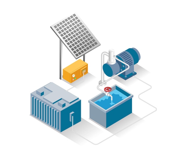 Flat isometric concept illustration water pump with solar panel energy