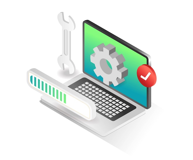 Flat isometric concept illustration web application maintenance process