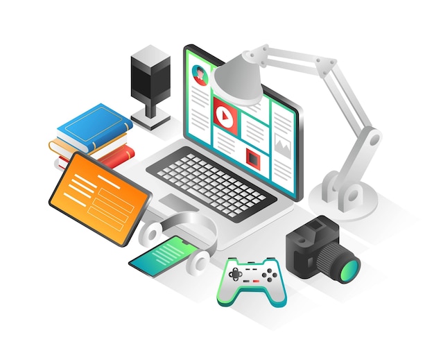 Flat isometric concept illustration work computers for gamer content creators