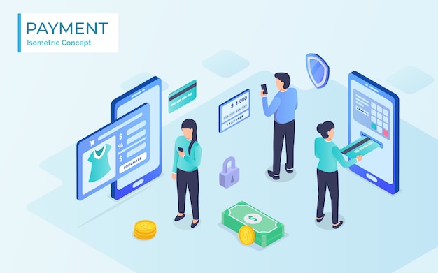 Flat isometric  concept of receipt, online payment, money transfer, mobile wallet.