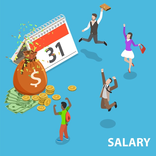 Flat isometric concept of salary, payout, bonus, income, annual payment day