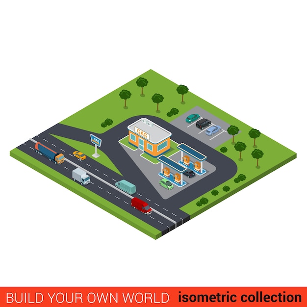 Flat isometric highway gas petroleum petrol refill station building block on heavy traffic road infographic concept Build your own infographics world collection