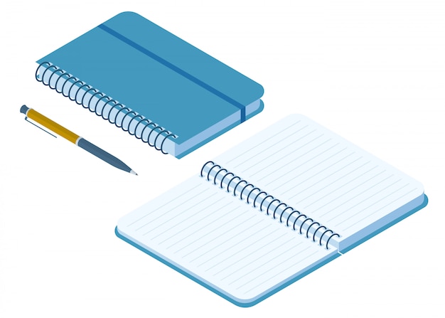 Flat isometric illustration of closed and opened paper notebook.