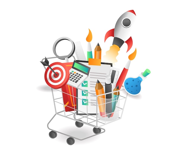 Flat isometric illustration concept back to school creative tools on the trolley