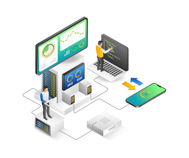 Flat isometric illustration concept of developer team building computer and smartphone application