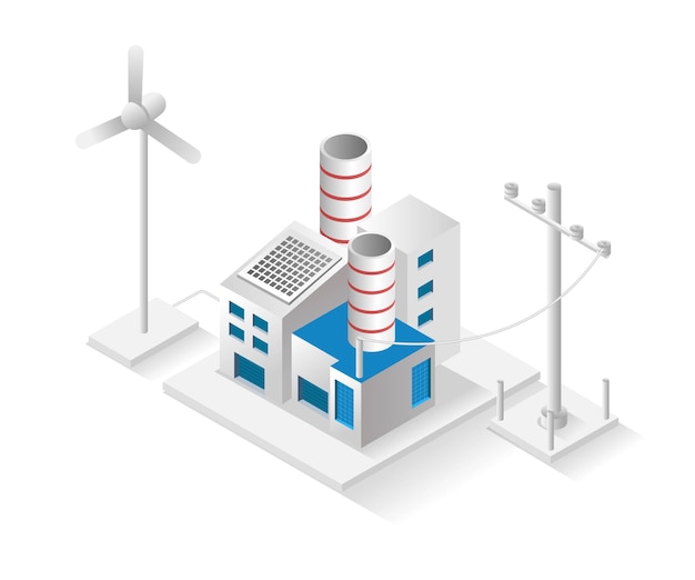 Flat isometric illustration concept factory building and solar panel electricity