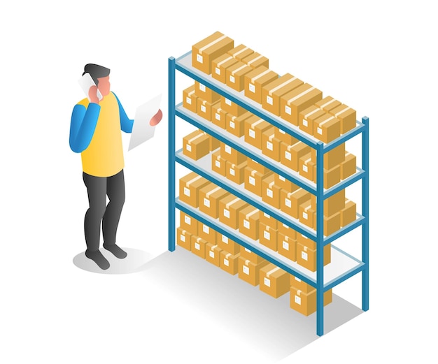 Flat isometric illustration concept man asking for delivery of goods to warehouse