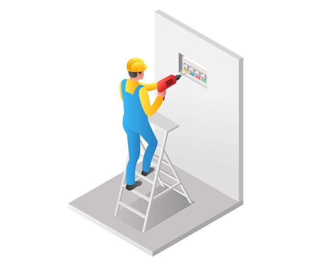 Vector flat isometric illustration concept man drilling the wall to stop the power outlet