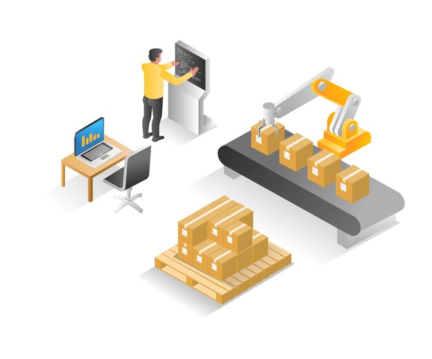 Vector flat isometric illustration concept operator controlling cardboard packaging machine