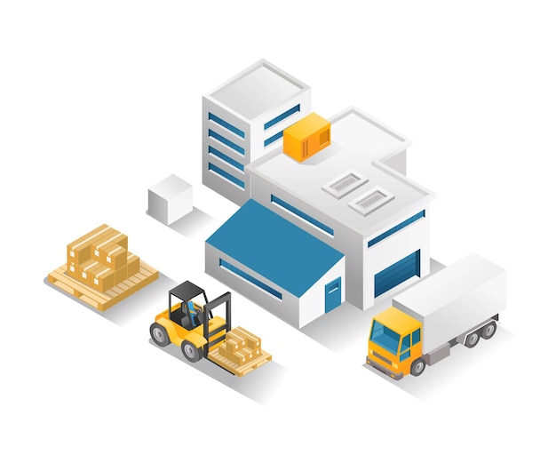 Flat isometric illustration concept warehouse and delivery trucks