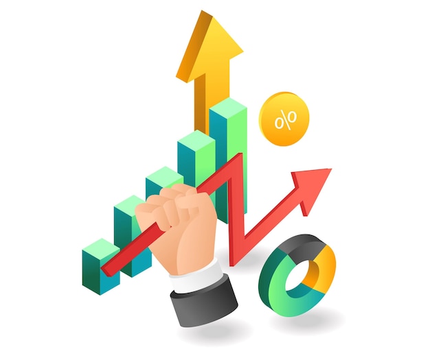 Flat isometric illustration landing page concept holding the investment business analysis arrow