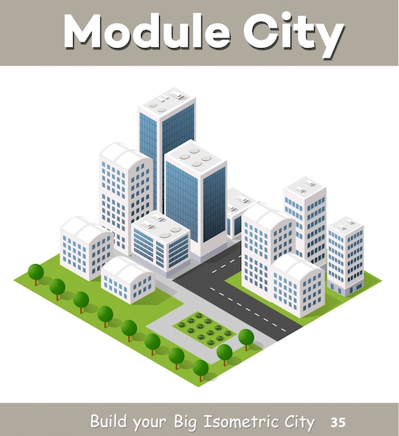 Flat isometric map, landscape city, building skyscraper