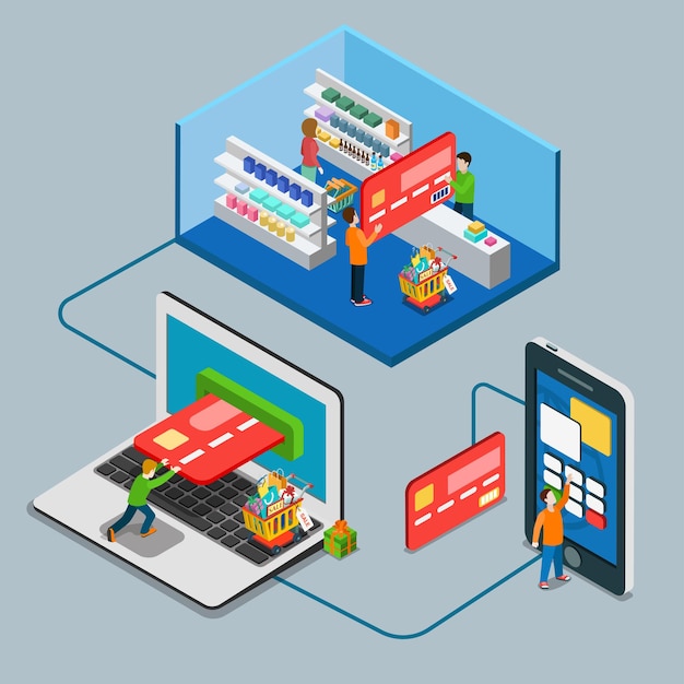 Flat isometric payment type concept. Man pay big credit card supermarket laptop mobile online.