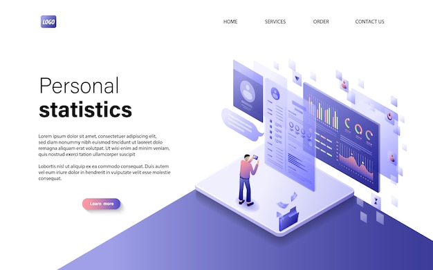 Flat isometric personal statistics concept with character