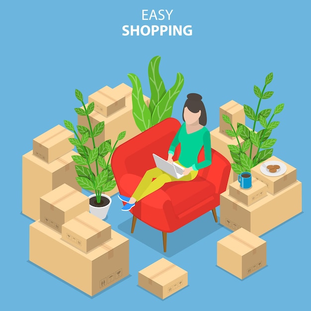 Flat isometric vector concept of easy shopping, e-commerce, online store, mobile payment, fast delivery,