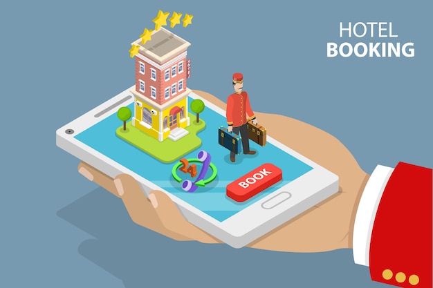 Flat isometric vector concept of hotel search booking online