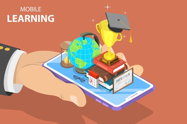 Flat isometric vector concept of mobile education elearning webinar online training