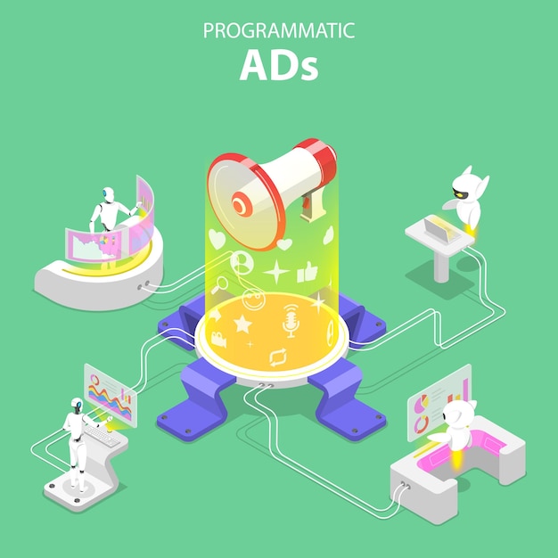 Flat isometric vector concept of programmatic advertising social media campaign automated digital marketing