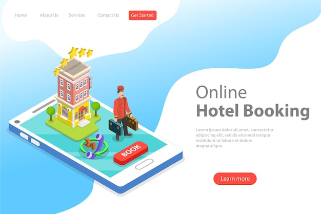 Flat isometric vector landing page template of booking hotel online