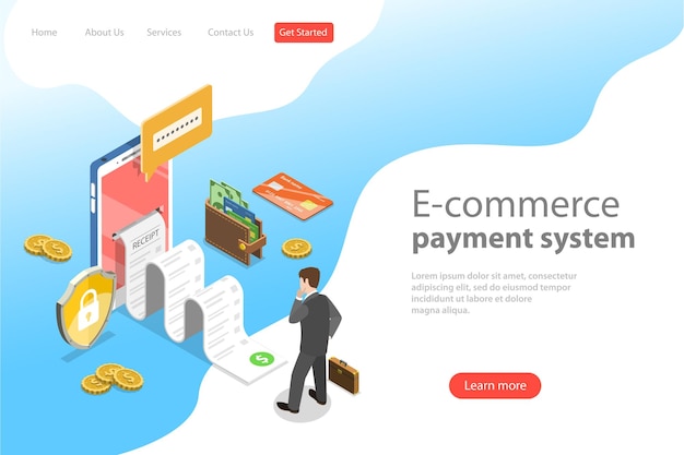 Flat isometric vector landing page template of ecommerce payment system