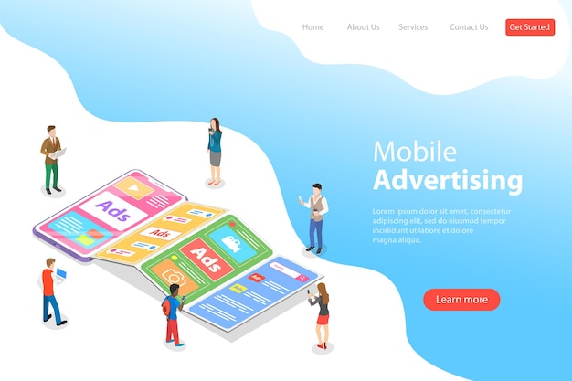 Flat isometric vector landing page template of mobile advertising social media sponsored ads digital marketing campaign