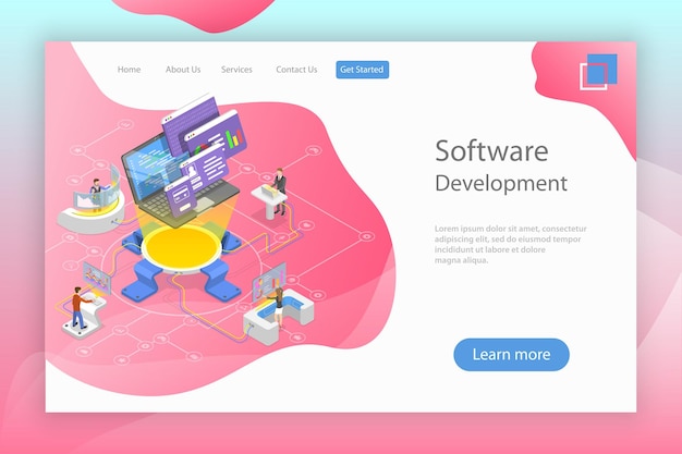 Flat isometric vector landing page template of software development teamwork brainstorm coding