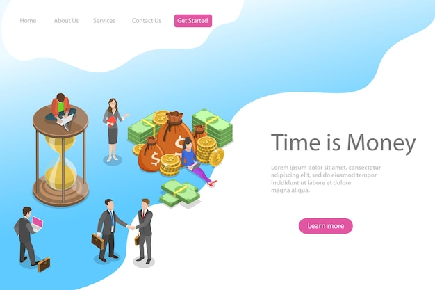 Flat isometric vector landing page template for time is money, income growth, roi, financial investments, time management and planning.