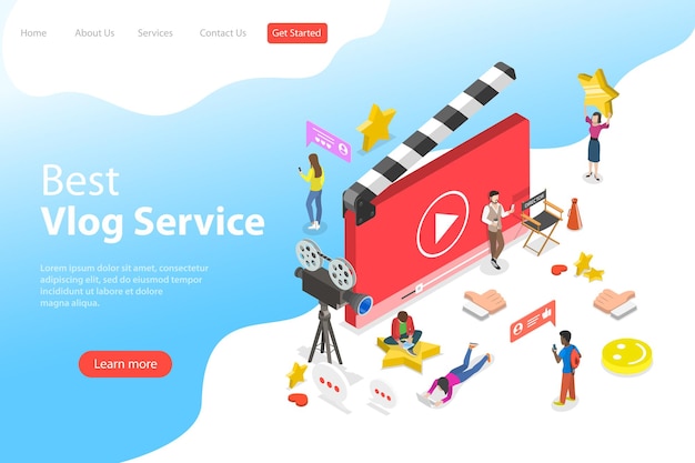 Flat isometric vector landing page template of video blog, vlog, online channel, creating video content.