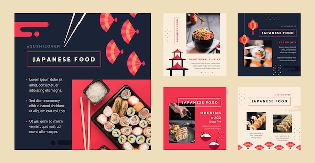 Flat japanese restaurant instagram posts collection with traditional food