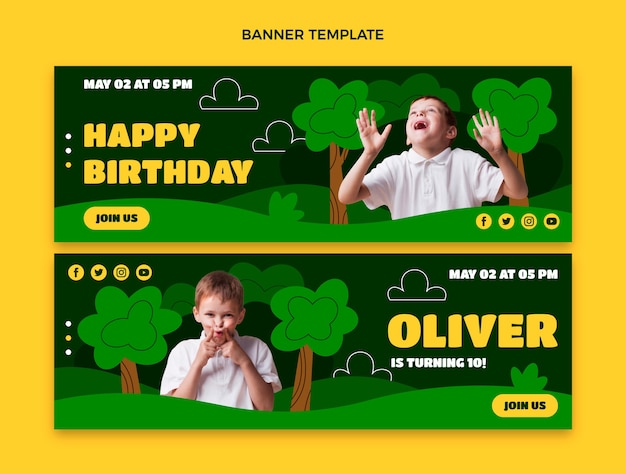 Flat jungle birthday party horizontal banners set