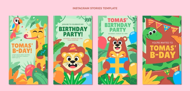 Flat jungle birthday party instagram stories collection