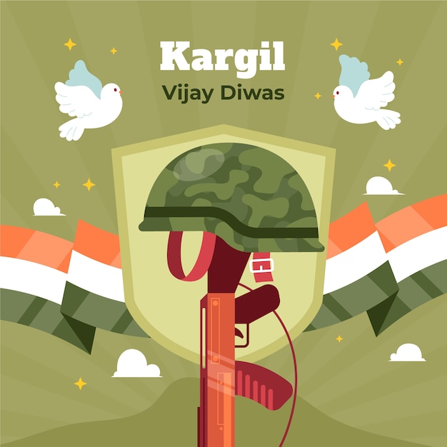 Flat kargil vijay diwas illustration with gun and helmet