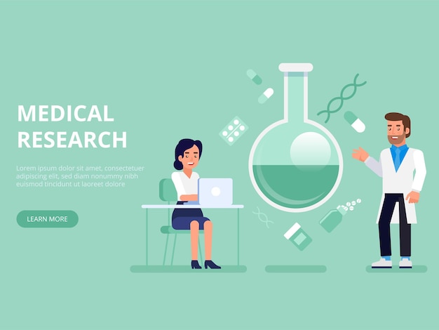 Flat lab research science laboratory scientist doctor nurse concept web infographics  illustration. Healthcare medicine professional conceptual.