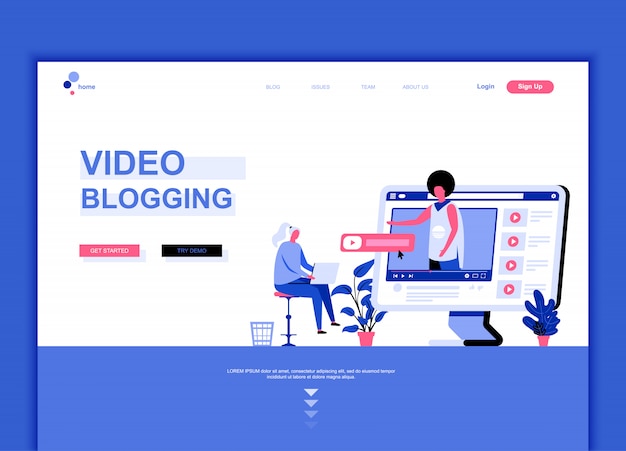 Flat landing page template of Video Blogging