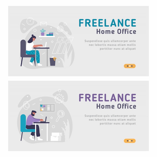   flat landing page templates of woman and man freelancers with Laptops working from home. Working online on laptop at home office all over the world.