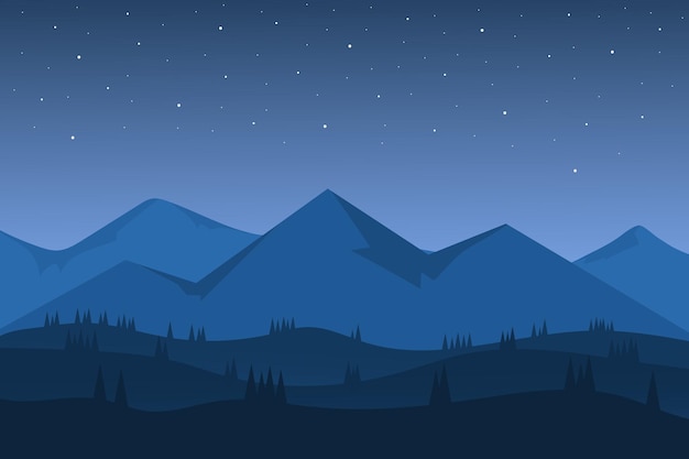 Vector flat landscape great mountains at night bright at night