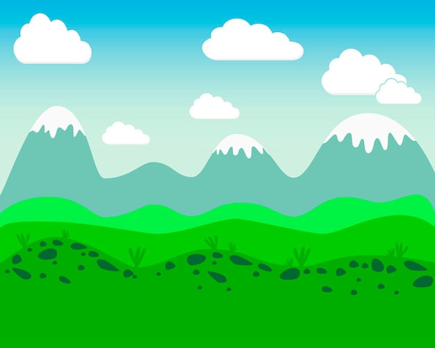 Flat landscape - vector illustration. Simple landscape with green meadow and mountains.