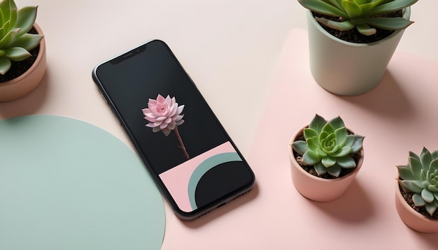 Vector a flat lay composition featuring a smartphone with a pink flower on the screen surrounded by potted succulents on a pastel pink and green background