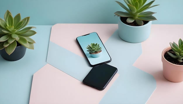 Vector a flat lay composition featuring two smartphones one with a blank screen and the other displaying