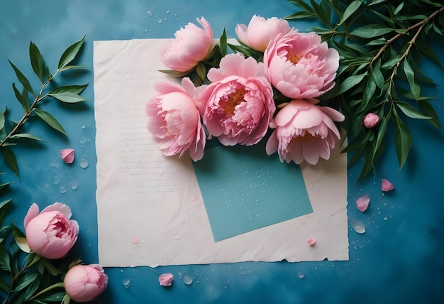 Vector flat lay composition of pink peony flowers green leaves a handwritten note and water droplets on a blue background