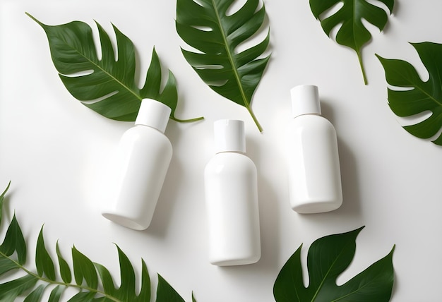 Vector a flat lay composition of three white bottles with minimalist labels surrounded by green monstera leaves on a white background