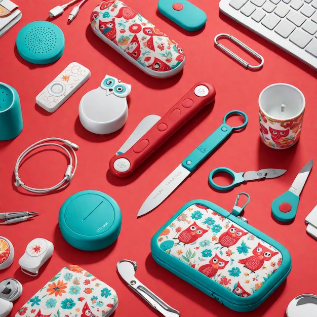 Vector flat lay composition with different sewing tools on color background