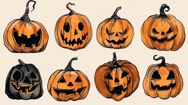 Flat lay design of Hand drawn halloween pumpkin collection Halloween elements Happy Halloween