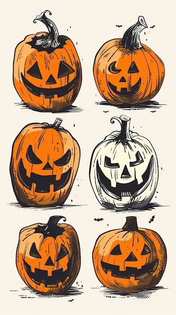 Flat lay design of Hand drawn halloween pumpkin collection Halloween elements Happy Halloween