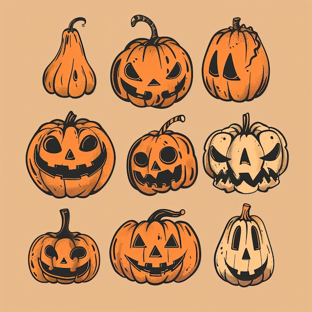 Flat lay design of Hand drawn halloween pumpkin collection Halloween elements Happy Halloween