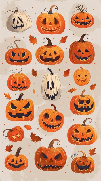 Vector flat lay design of hand drawn halloween pumpkin collection halloween elements happy halloween