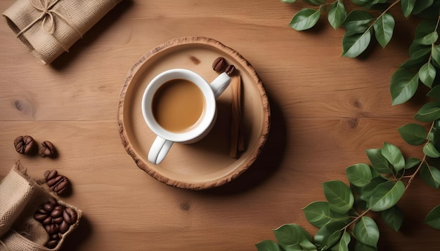 Vector a flat lay image of a cup of coffee on a wooden tray surrounded by coffee beans cinnamon sticks and green leaves the image is shot from a high angle creating a minimalist and elegant aesthetic