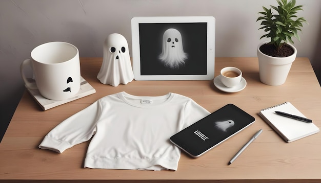 Vector a flat lay mockup scene with a white tshirt a mug a tablet and a phone all featuring ghost images for a halloween theme