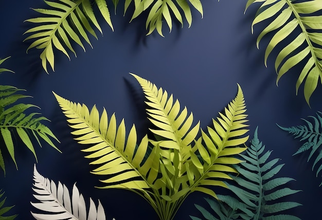 Vector a flat lay photo of various green fern leaves arranged in a circular pattern on a dark blue background