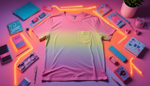 Vector a flat lay of a pink and yellow ombre tshirt with a pocket surrounded by various office supplies and a neon light